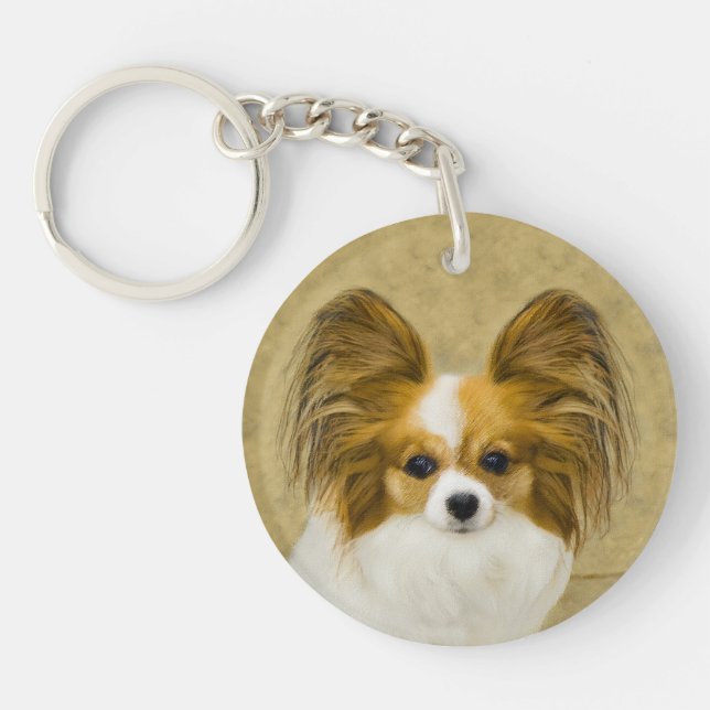 Papillon (Hound Tri) Painting - Original Dog Art Key Ring (Front)