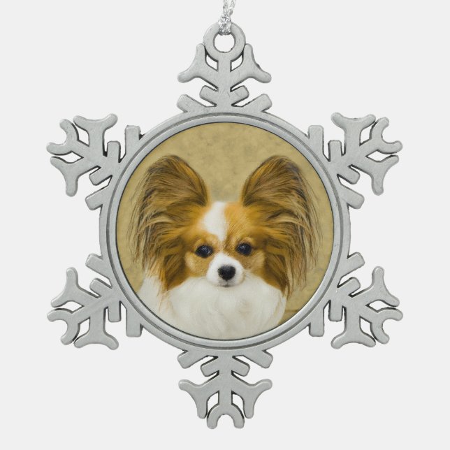 Papillon (Hound Tri) Painting - Original Dog Art Snowflake Pewter Christmas Ornament (Front)