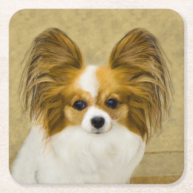 Papillon (Hound Tri) Painting - Original Dog Art Square Paper Coaster (Front)