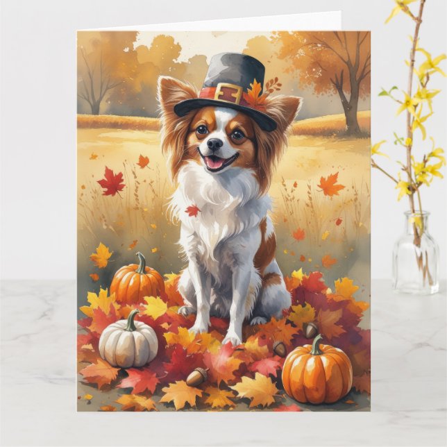 Papillon In Autumn Leaves Thanksgiving Art Card (Yellow Flower)