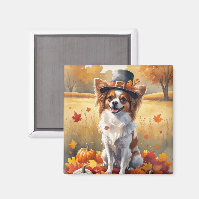 Papillon In Autumn Leaves Thanksgiving Art Magnet (Front/Back)