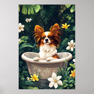 Papillon In Bathtub Poster, Funny Dog Poster