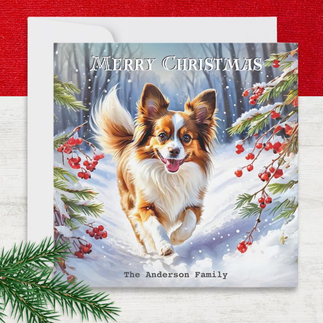 Papillon in Snow Cute Dog Breed Winter Christmas Holiday Card (A personalized Christmas card with picture of a Papillon dog in the snow, in a watercolor style)