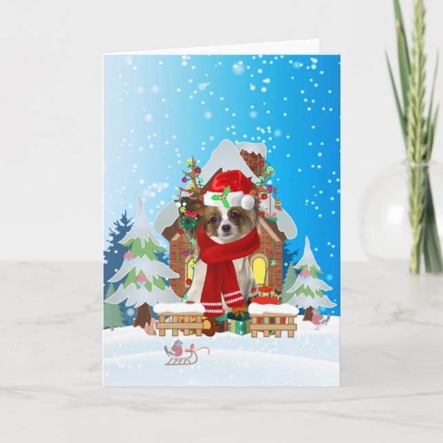  Papillon in snow with Christmas gifts  Card (Front)