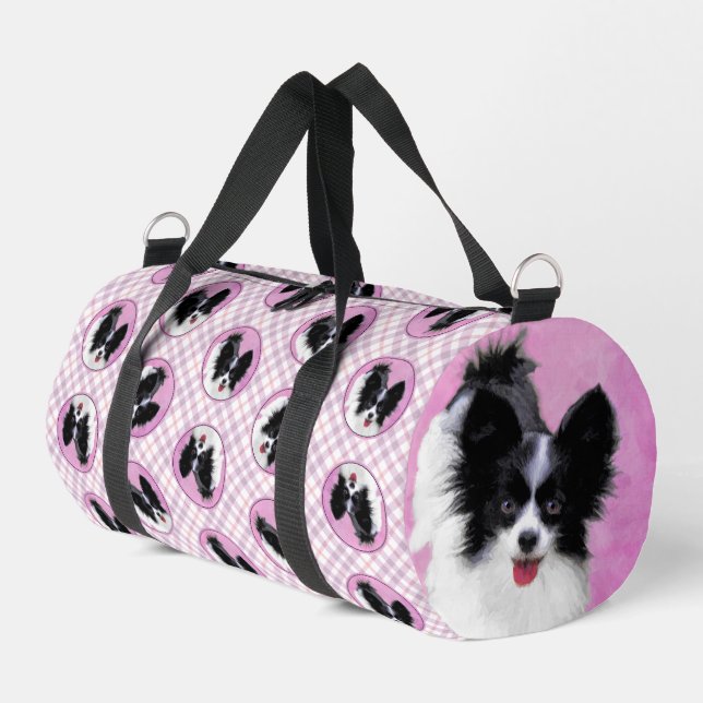 Papillon Painting Black and White Original Dog Art Duffle Bag (Left Corner)