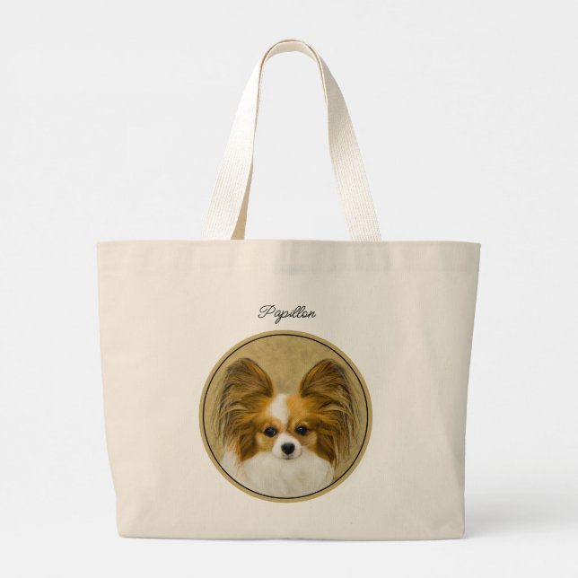 Papillon Painting Lemon and White Original Dog Art Large Tote Bag (Back)