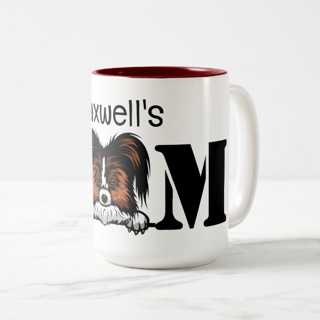 Papillon Peeking Personalised Mum Two-Tone Coffee Mug (Front Right)
