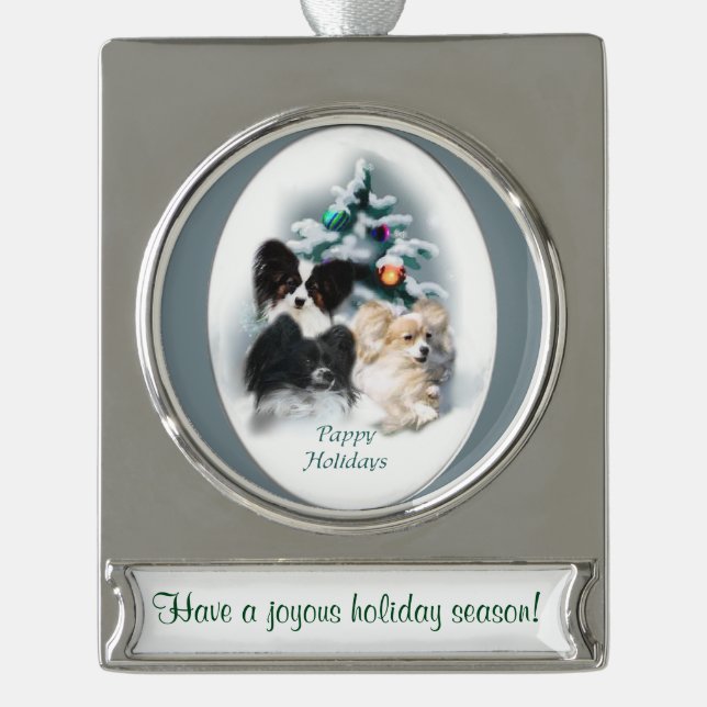 Papillon Personalised Christmas Silver Plated Banner Ornament (Front)