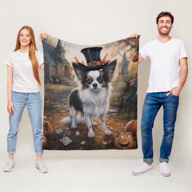 Papillon Pumpkins Halloween Scary  Fleece Blanket (In Situ)