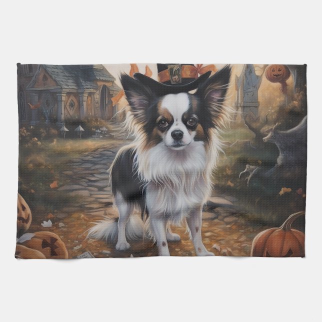 Papillon Pumpkins Halloween Scary  Tea Towel (Horizontal)