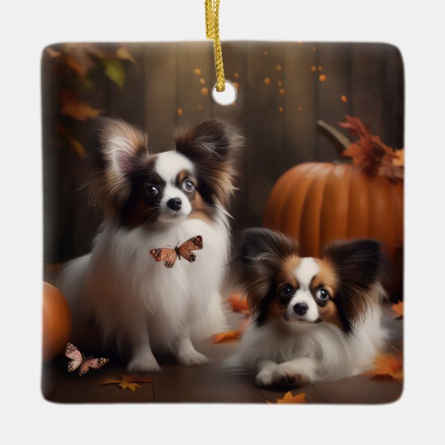 Papillon Puppy Autumn Delight Pumpkin Ceramic Ornament (Front)