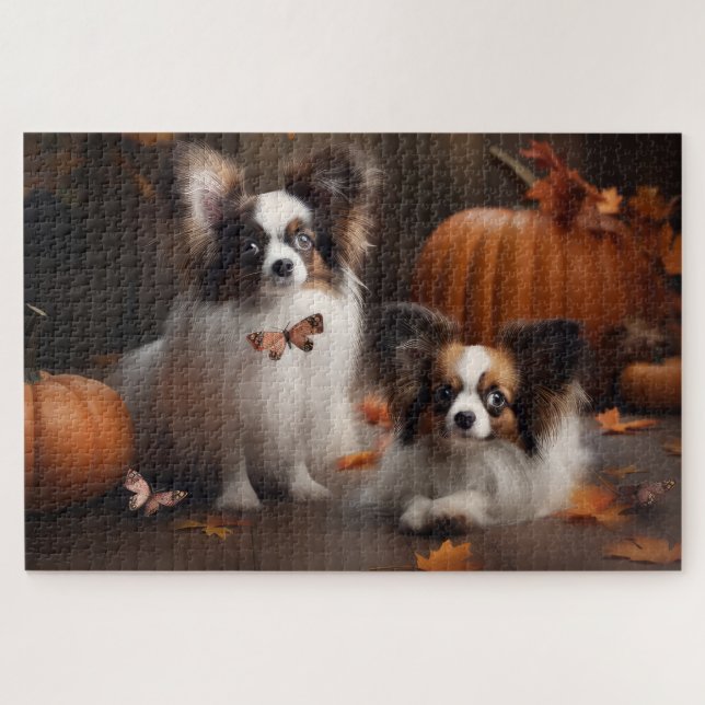 Papillon Puppy Autumn Delight Pumpkin Jigsaw Puzzle (Horizontal)
