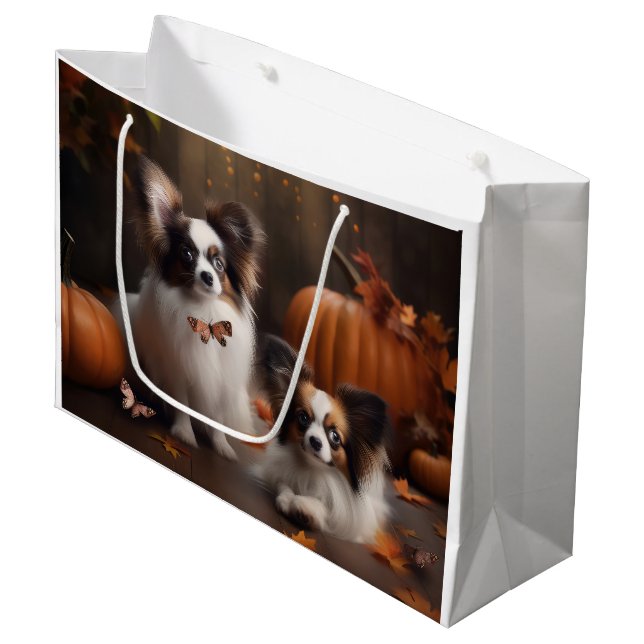 Papillon Puppy Autumn Delight Pumpkin Large Gift Bag (Front Angled)