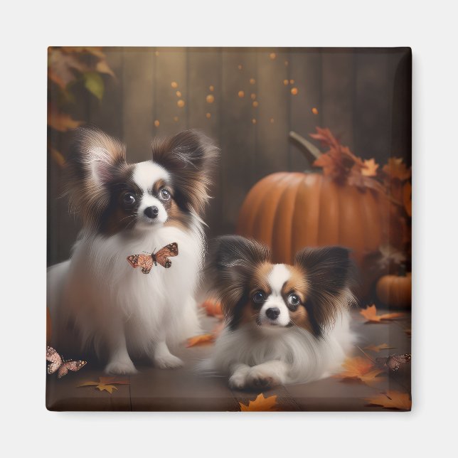 Papillon Puppy Autumn Delight Pumpkin Magnet (Front)