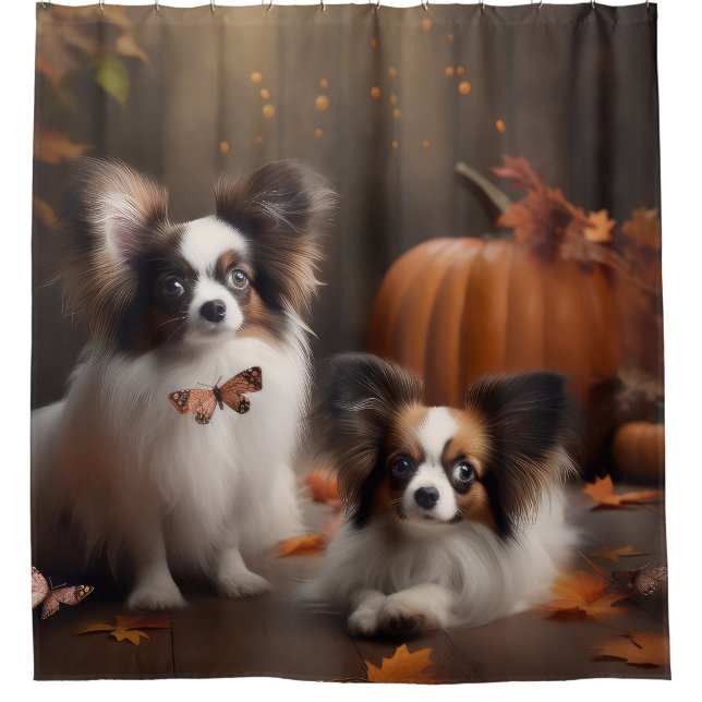 Papillon Puppy Autumn Delight Pumpkin Shower Curtain (Front)