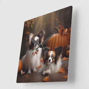 Papillon Puppy Autumn Delight Pumpkin Square Wall Clock