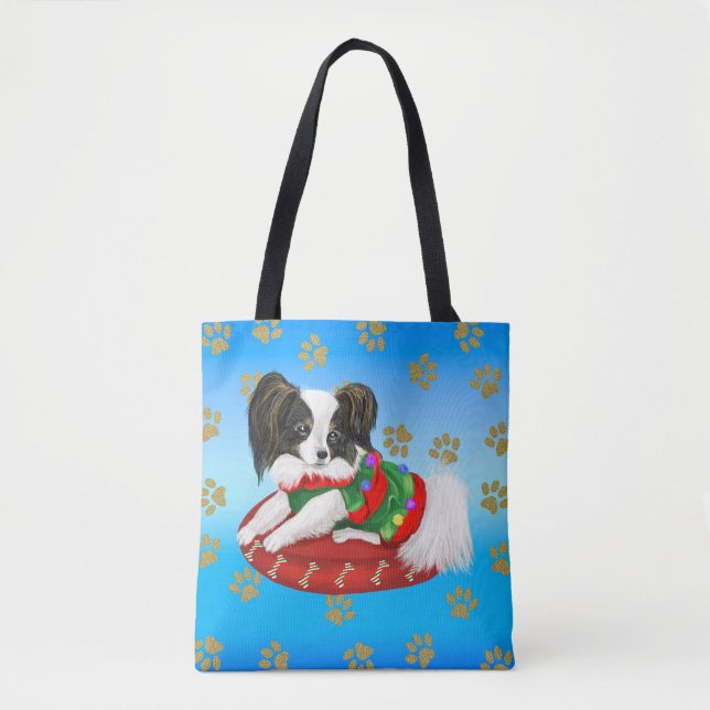 Papillon Puppy with green and red Christmas dress Tote Bag (Front)