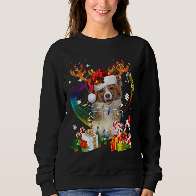 Papillon Reindeer Christmas Lights Dog Xmas Sweatshirt (Front)