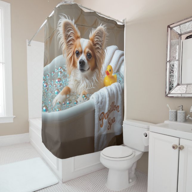 Papillon Sloppy Sleepy Cute Funny Shower Curtain (In Situ)