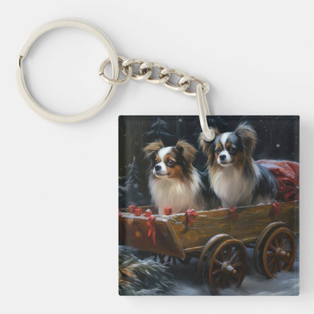 Papillon Snowy Sleigh Christmas Decor  Key Ring (Front)