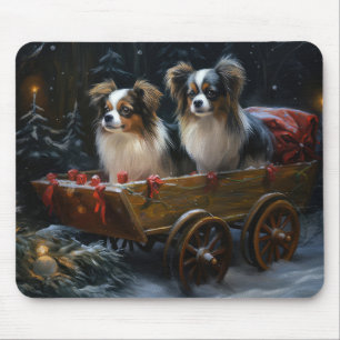Papillon Snowy Sleigh Christmas Decor Mouse Pad