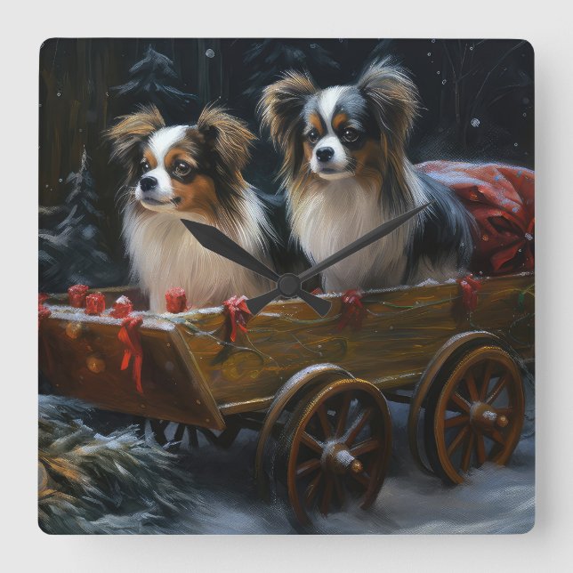 Papillon Snowy Sleigh Christmas Decor  Square Wall Clock (Front)