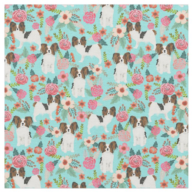 papillon vintage florals mint dog fabric (Close Up)