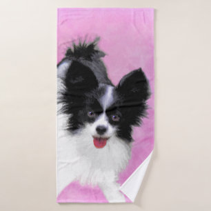 Papillon (White and Black) Painting - Dog Art Bath Towel Set