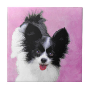 Papillon (White and Black) Painting - Dog Art Ceramic Tile
