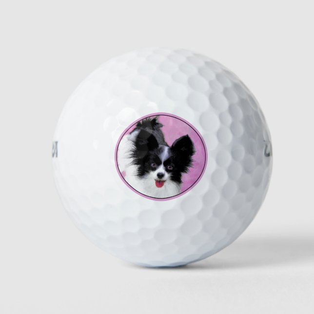 Papillon (White and Black) Painting - Dog Art Golf Balls (Front)