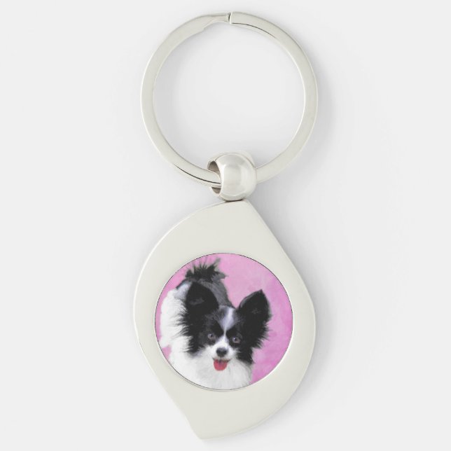 Papillon (White and Black) Painting - Dog Art Key Ring (Front)