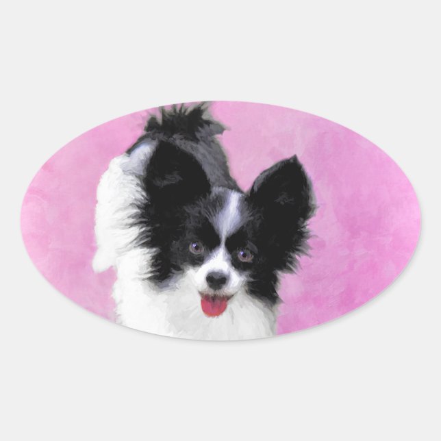 Papillon (White and Black) Painting - Dog Art Oval Sticker (Front)