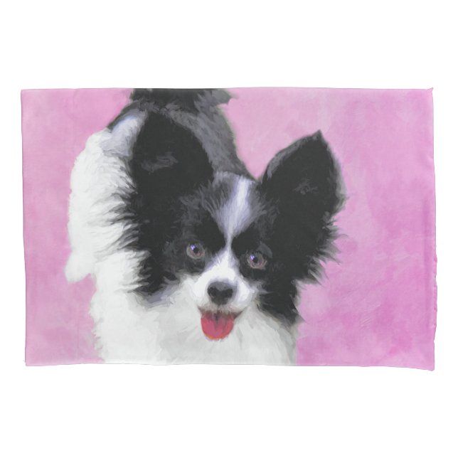 Papillon (White and Black) Painting - Dog Art Pillowcase (Front)