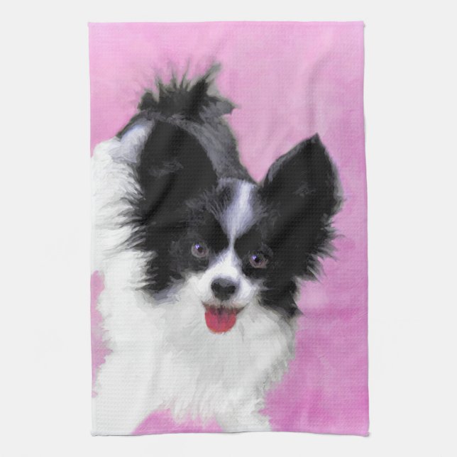 Papillon (White and Black) Painting - Dog Art Tea Towel (Vertical)