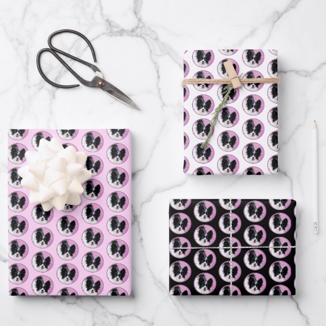 Papillon (White and Black) Painting - Dog Art Wrapping Paper Sheet (Front)