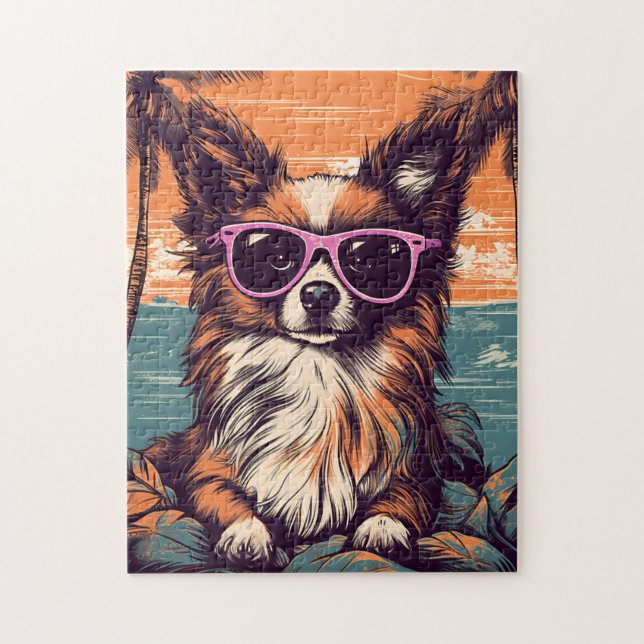 Papillon with Sunglasses at the beach Jigsaw Puzzle (Vertical)