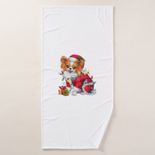 Papillon Xmas Lighting Santa Papillon Dog Christma Bath Towel