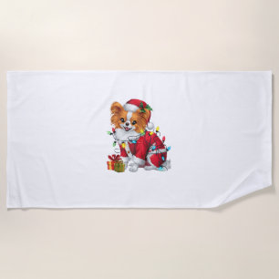 Papillon Xmas Lighting Santa Papillon Dog Christma Beach Towel