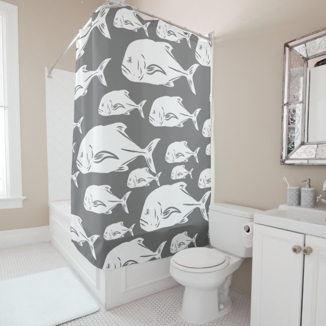 Papio and Ulua - Hawaiian black and white print Shower Curtain (In Situ)