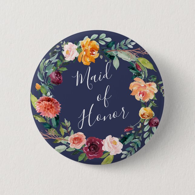 Paprika Burgundy Floral Maid of Honour Button (Front)