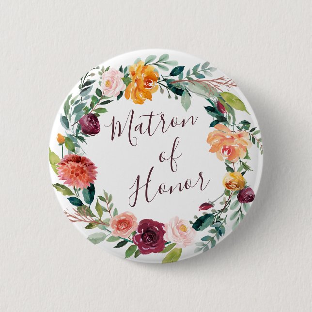 Paprika Burgundy Floral Matron of Honour Button (Front)