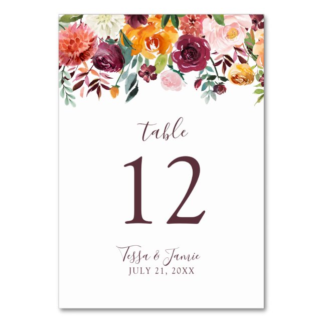 Paprika Burgundy Floral Table Number Card (Front)