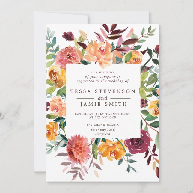 Paprika Burgundy Floral Wedding Invitation (Front)