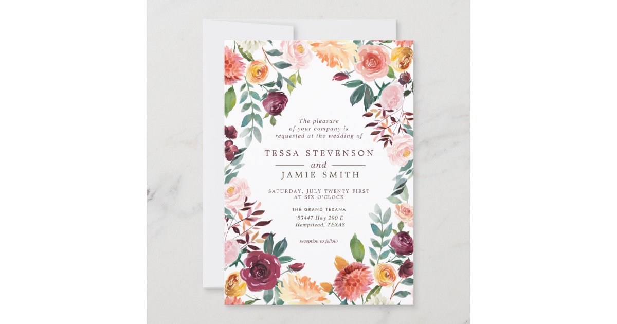 Paprika Burgundy Floral Wedding Invitation | Zazzle