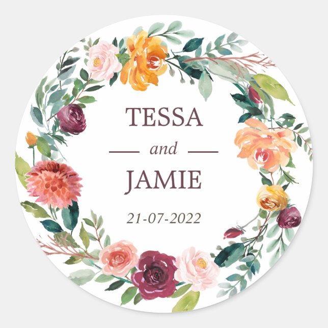 Paprika Floral Wreath Wedding Favour Sticker (Front)