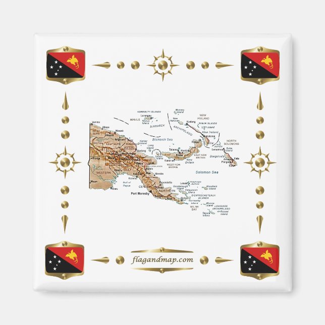 Papua New Guinea Map + Flags Magnet (Front)
