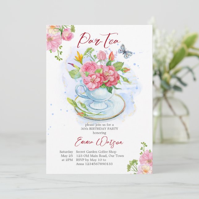  Par-tea birthday party cup filled with flowers Invitation (Standing Front)