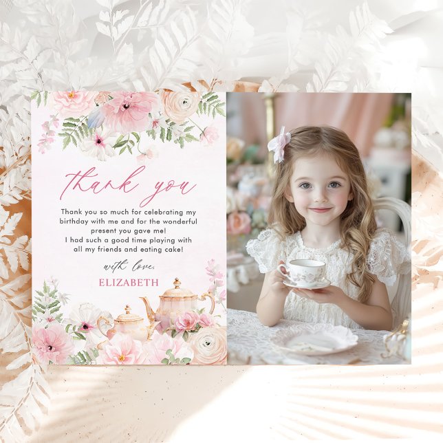 Par-tea Floral Tea Girl Birthday Party Photo Thank You Card (Creator Uploaded)