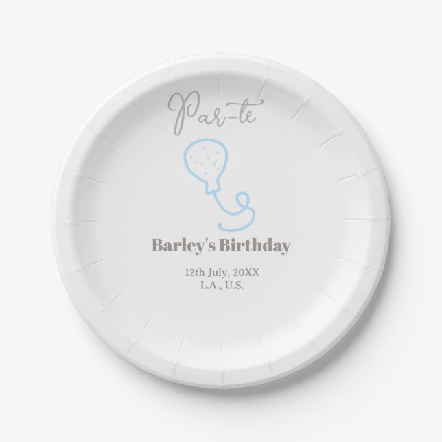 par tee birthday grey blue balloon scribble name paper plate (Front)