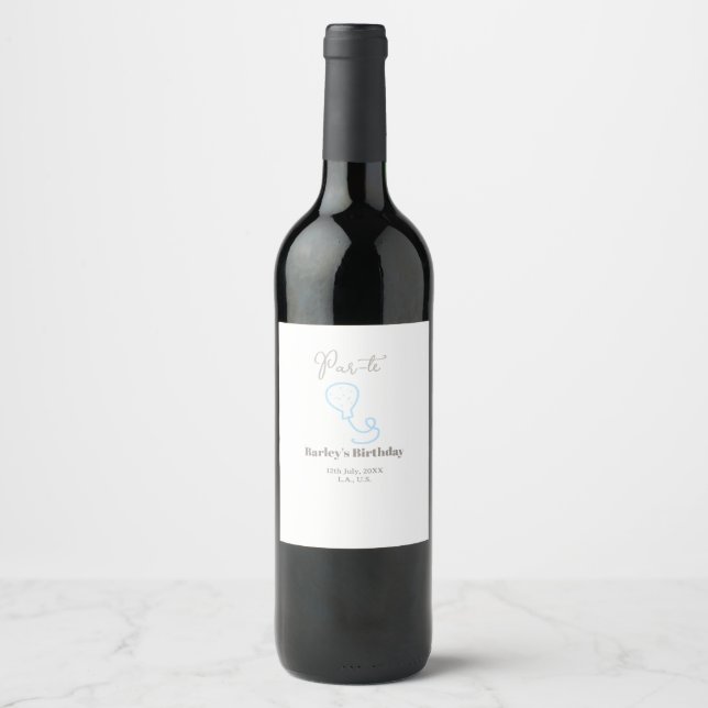 par tee birthday grey blue balloon scribble name wine label (Front)